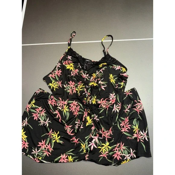 Joyspun Dreamy Soft Floral Pajama Set 3X Black Pink Yellow Lace Trim Cami Shorts - Picture 3 of 6